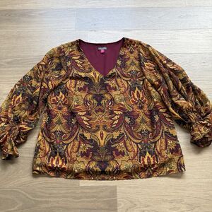 Vince Camuto Top Women XL Floral Print Ballon Sleeve Ruffle Cuffs Vneck Blouse